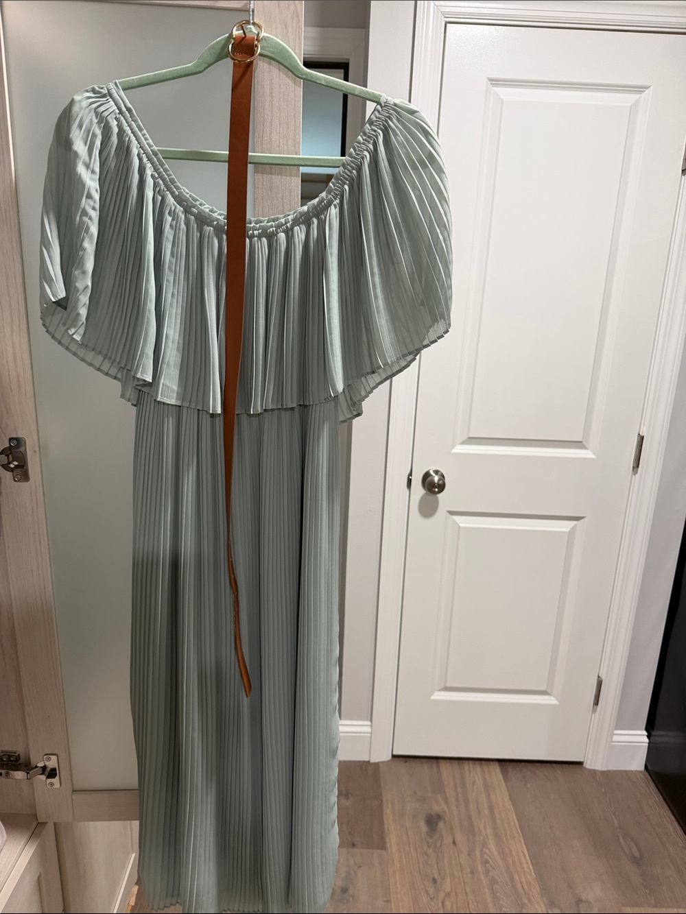 Zara Pleated off Shoulder Maxi Dress in Sage Green